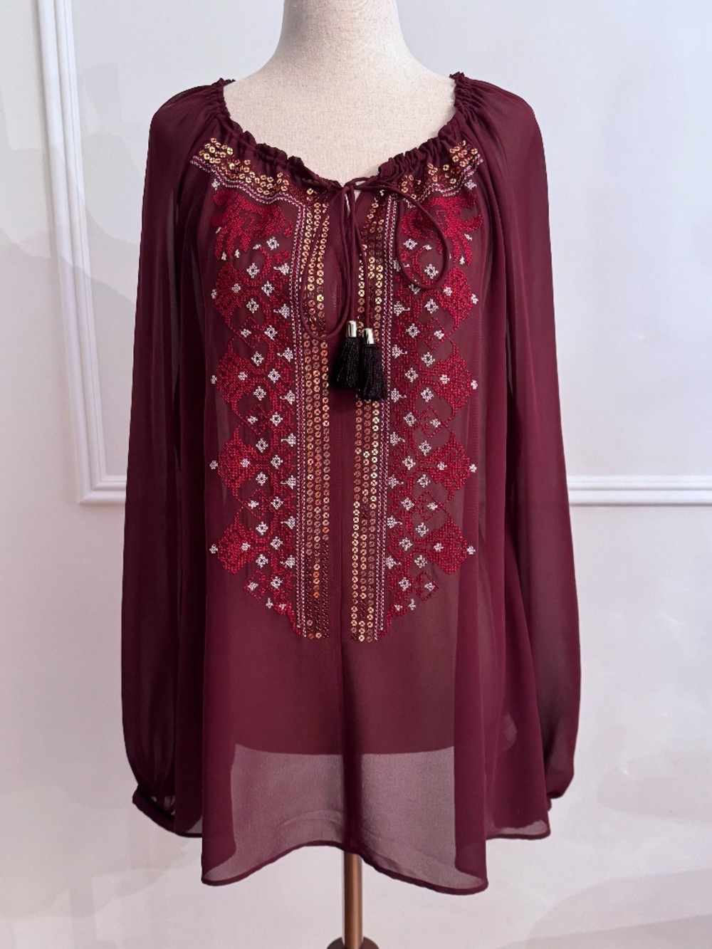Altuzarra for Target Burgundy Embroidered Sequin Tassel Peasant Tunic Dress M